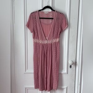 Women’s Entro Dusty Rose Boho Two Button Short Sleeve Lace Detail Duster Large